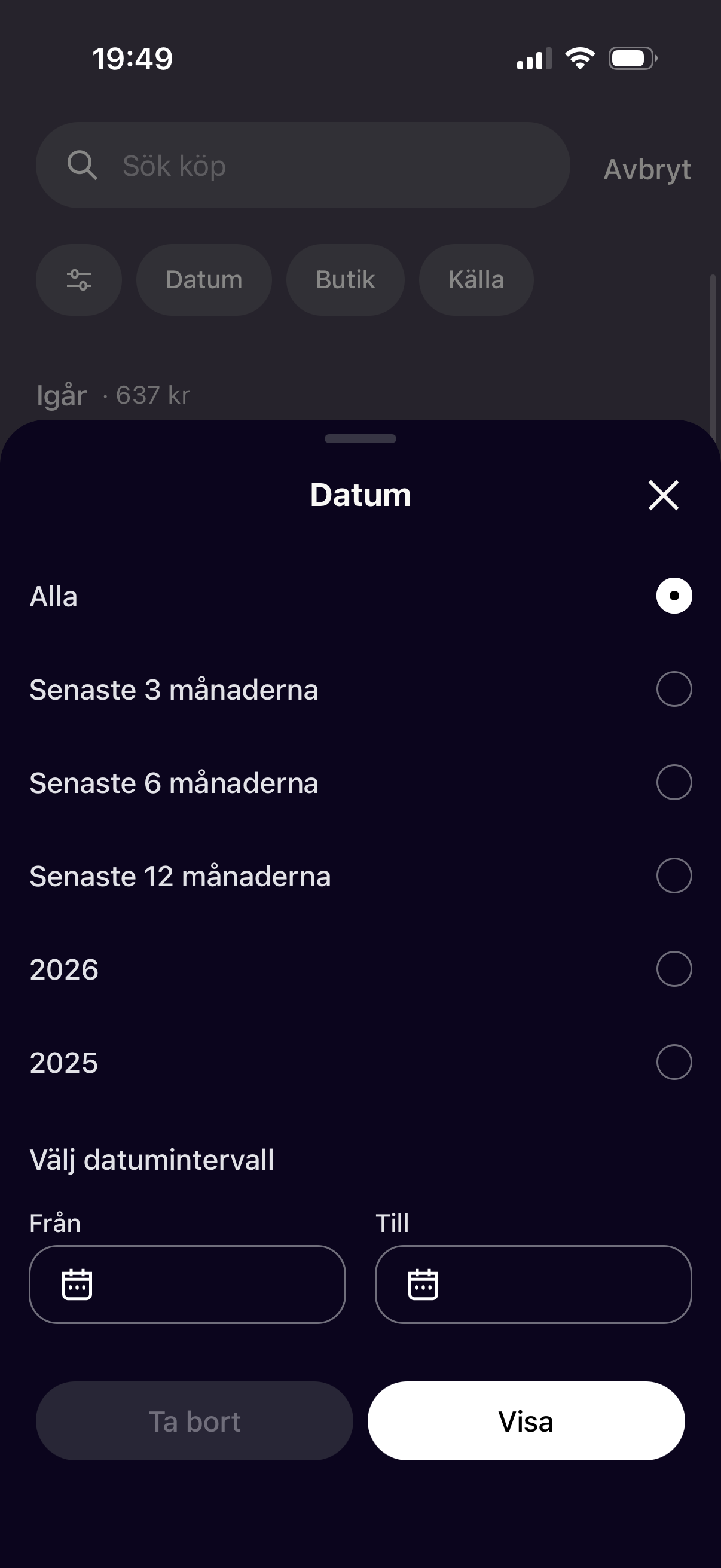 Klarna date filter sheet with preset ranges and a custom From / To date range.